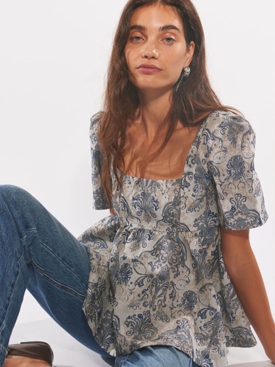 Free People Tops - NWT Free People Eloise Blue Floral Peplum Puff Sleeve Boho Top (Size XS)